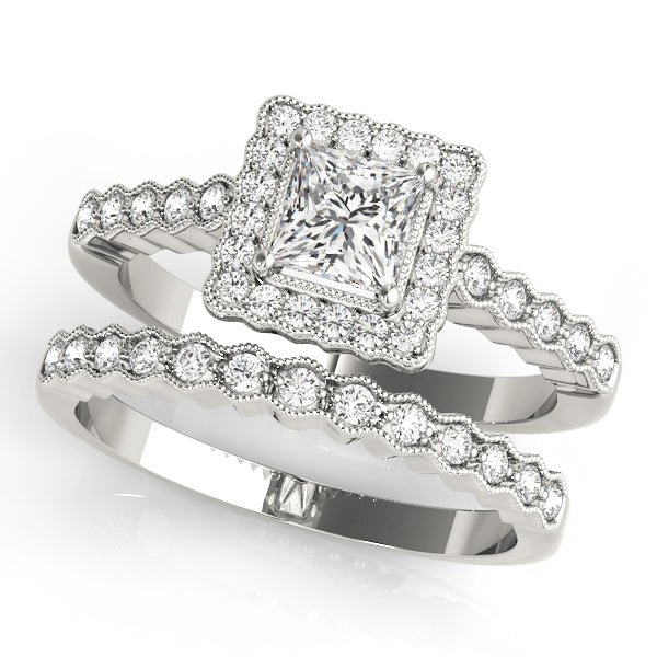 Princess Cut Scalloped Halo Ring Complete