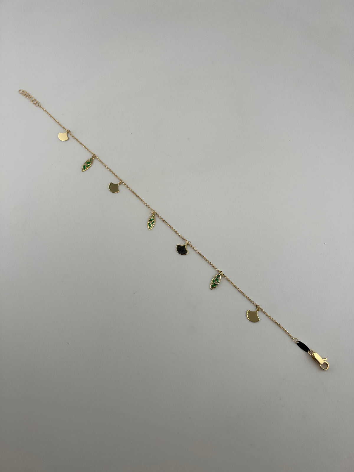 18K Solid Gold Green Enamel Leaf & Fan Charm Anklet - Image 1