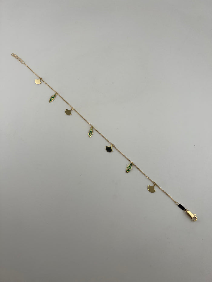 18K Solid Gold Green Enamel Leaf & Fan Charm Anklet