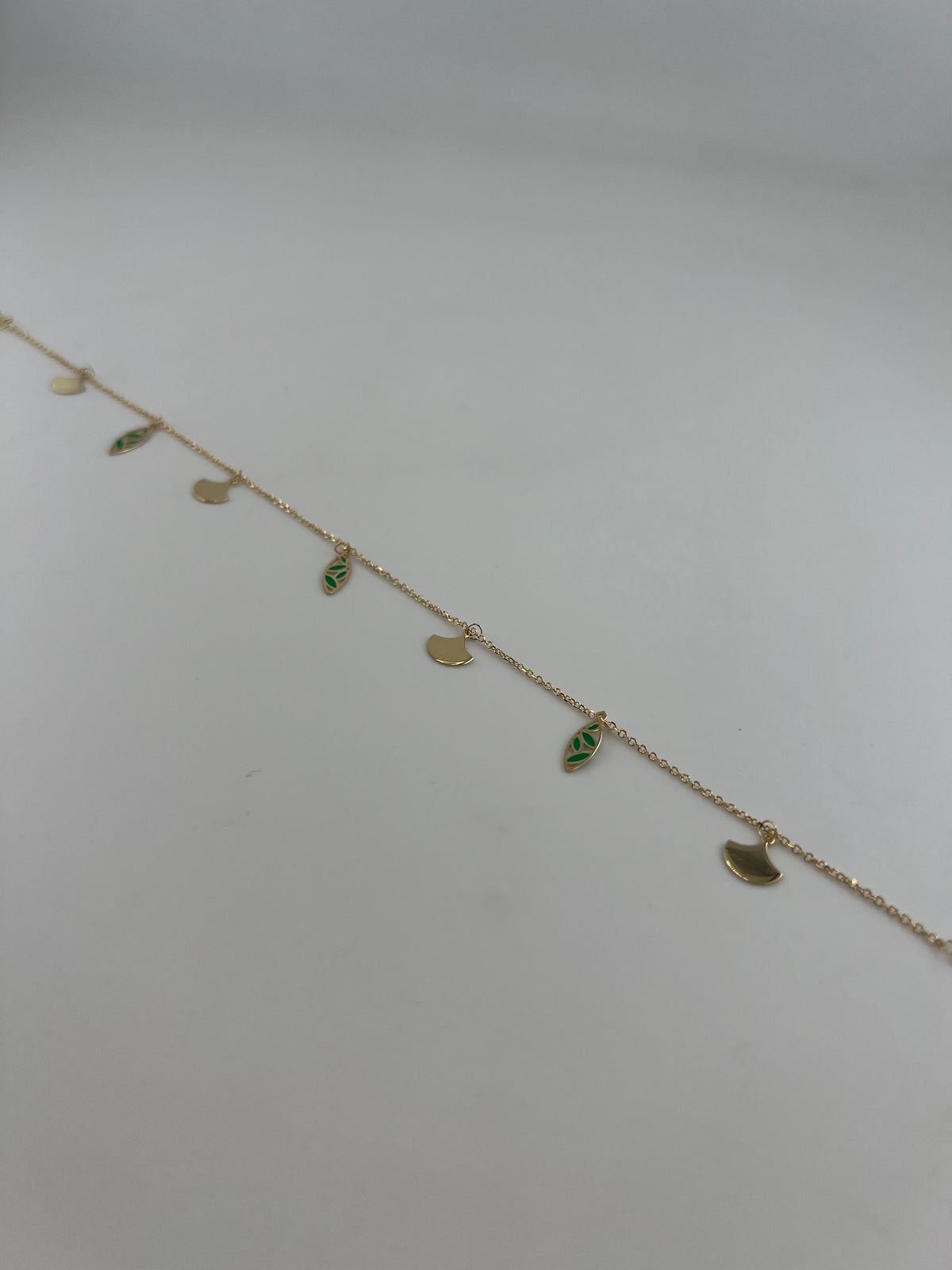 18K Solid Gold Green Enamel Leaf & Fan Charm Anklet - Image 2