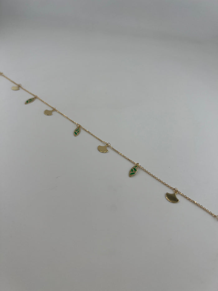 18K Solid Gold Green Enamel Leaf & Fan Charm Anklet
