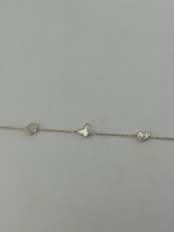 18K Yellow Gold White Stone Star, Butterfly & Heart Bracelet
