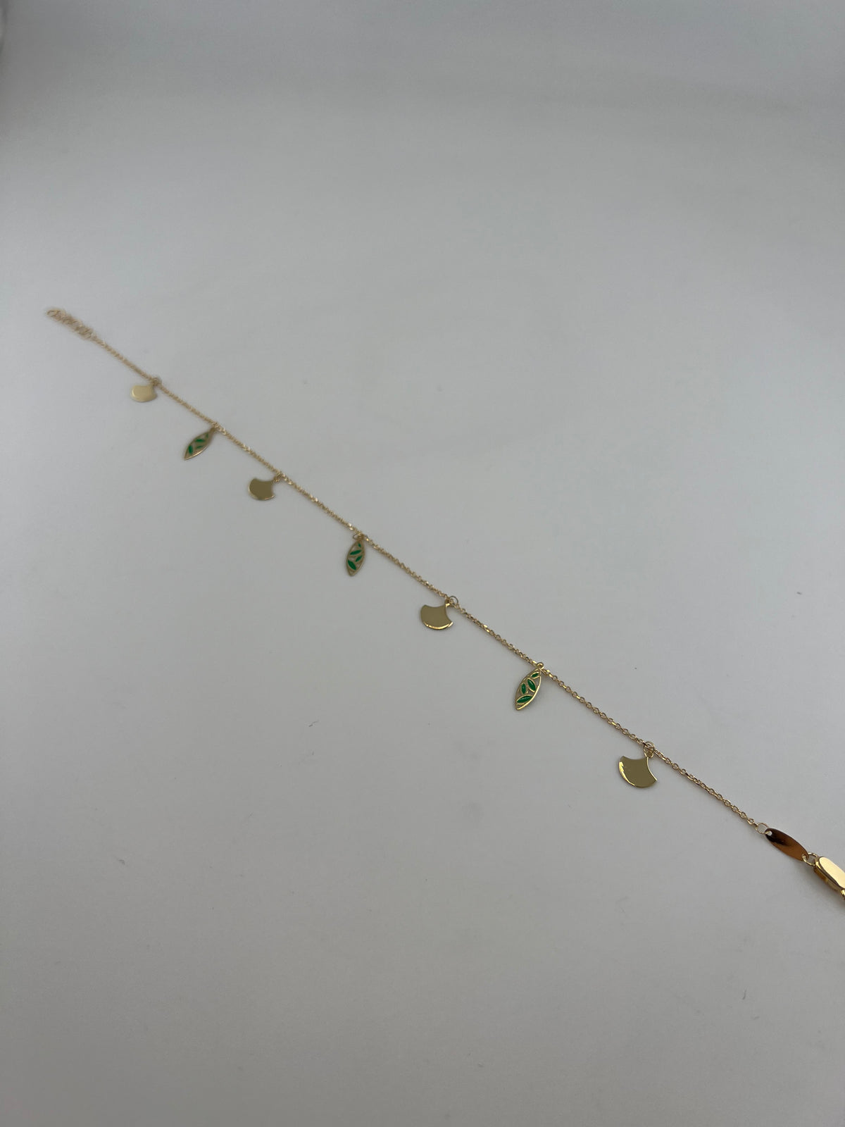 18K Solid Gold Green Enamel Leaf & Fan Charm Anklet - Image 3