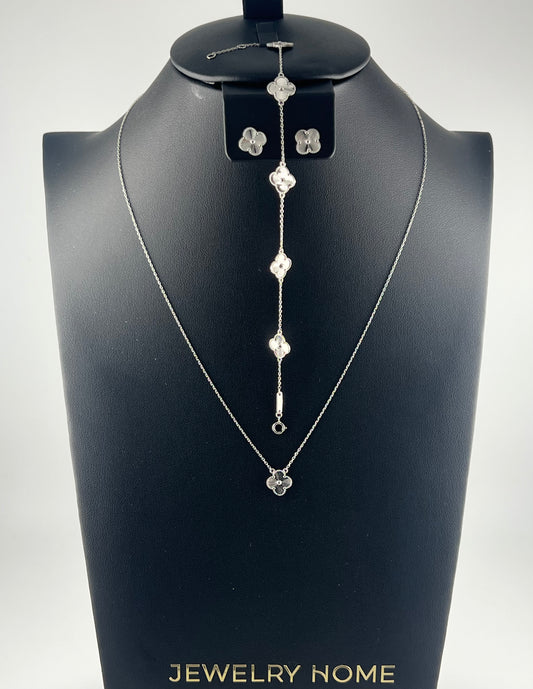 White gold small clover set, solid 18k gold