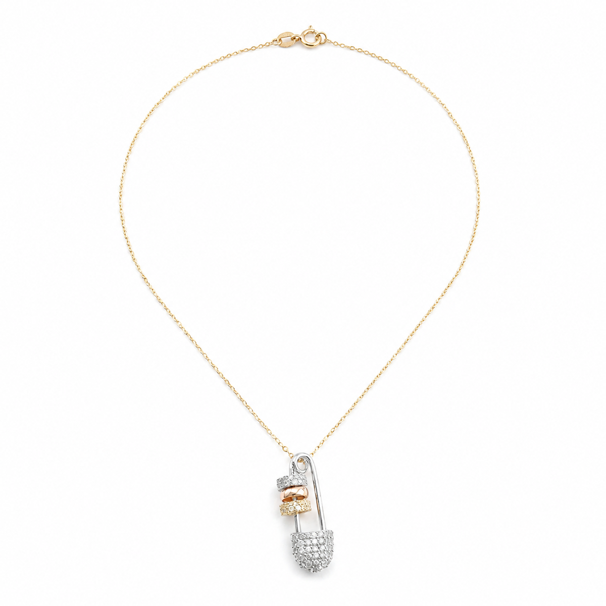 18K Gold Tricolor Safety Pin Necklace - Image 1
