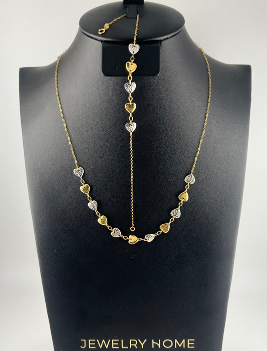 Yellow and white gold hearts set, solid 18k gold