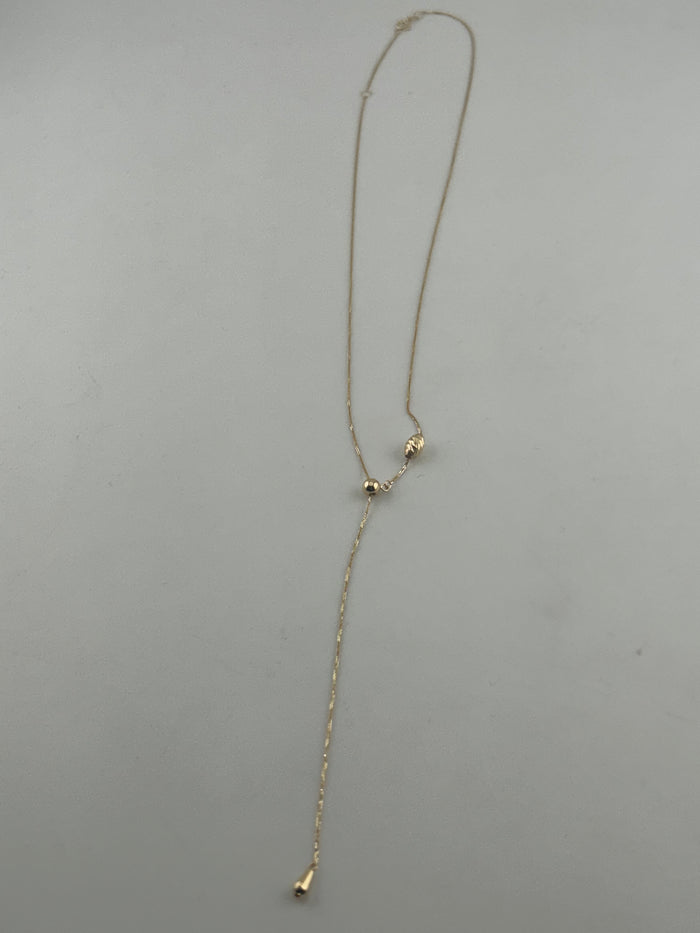 18K Solid Gold Dainty Lariat Necklace with Beaded Details