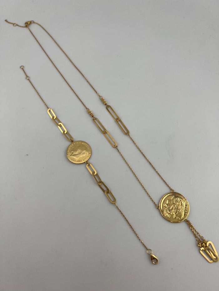 18K Solid Gold English Coin Necklace & Bracelet Set