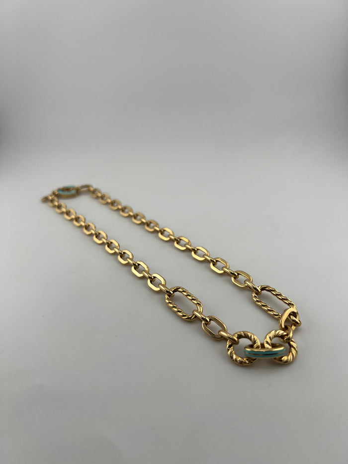 18k Solid Gold Mixed-Link Chain Necklace with Turquoise Accent