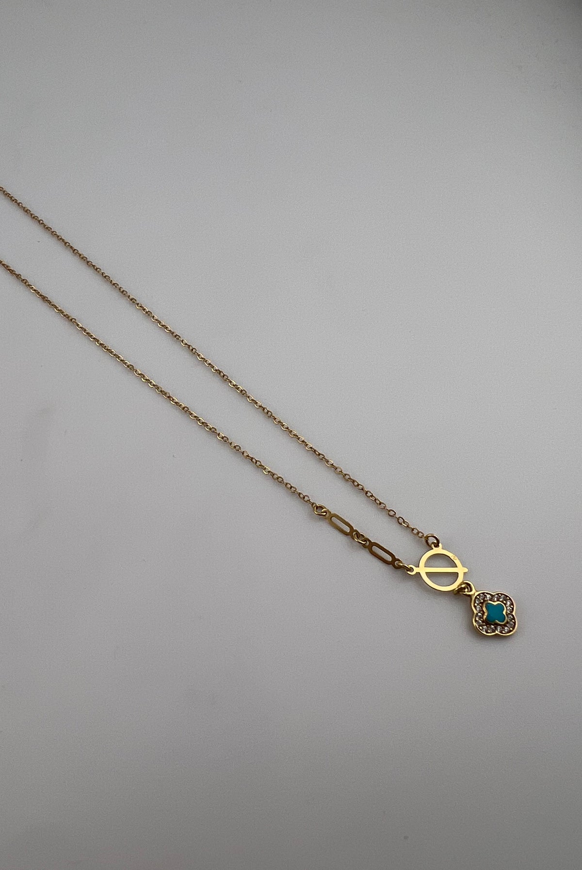18K Solid Gold Necklace with Simulated Turquoise & Premium Cubic Zirconia - Image 2