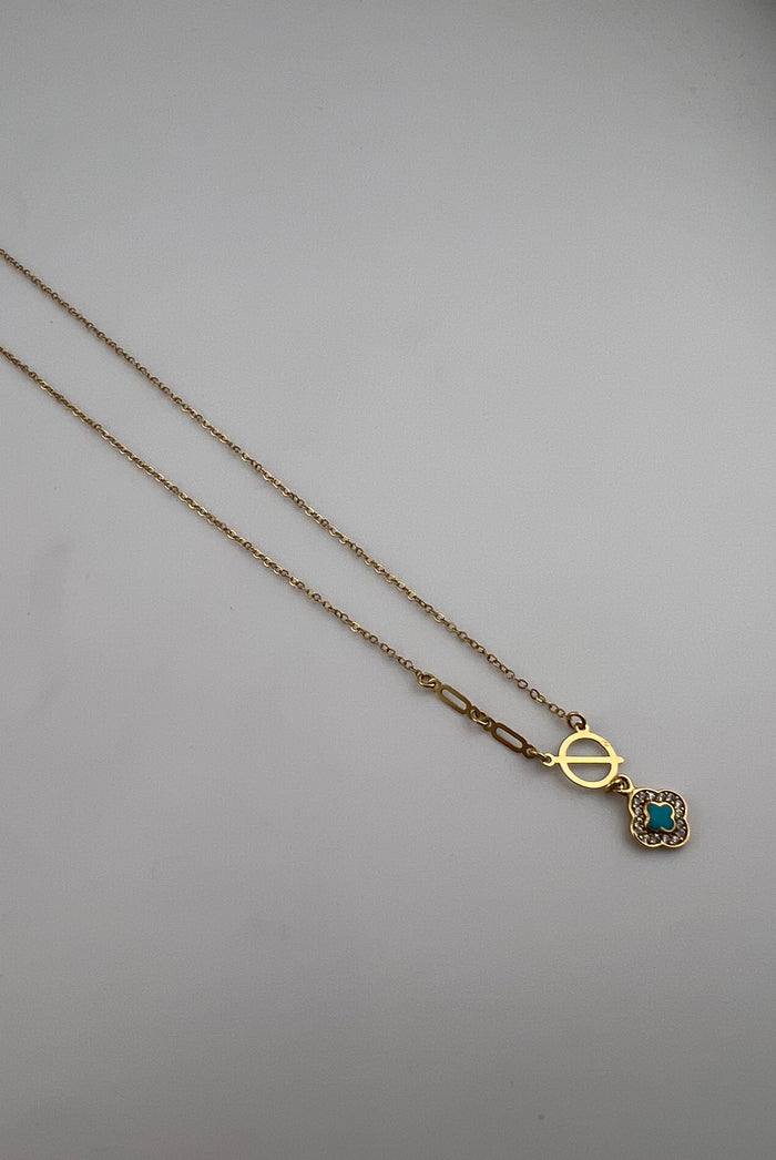 18K Solid Gold Necklace with Simulated Turquoise & Premium Cubic Zirconia