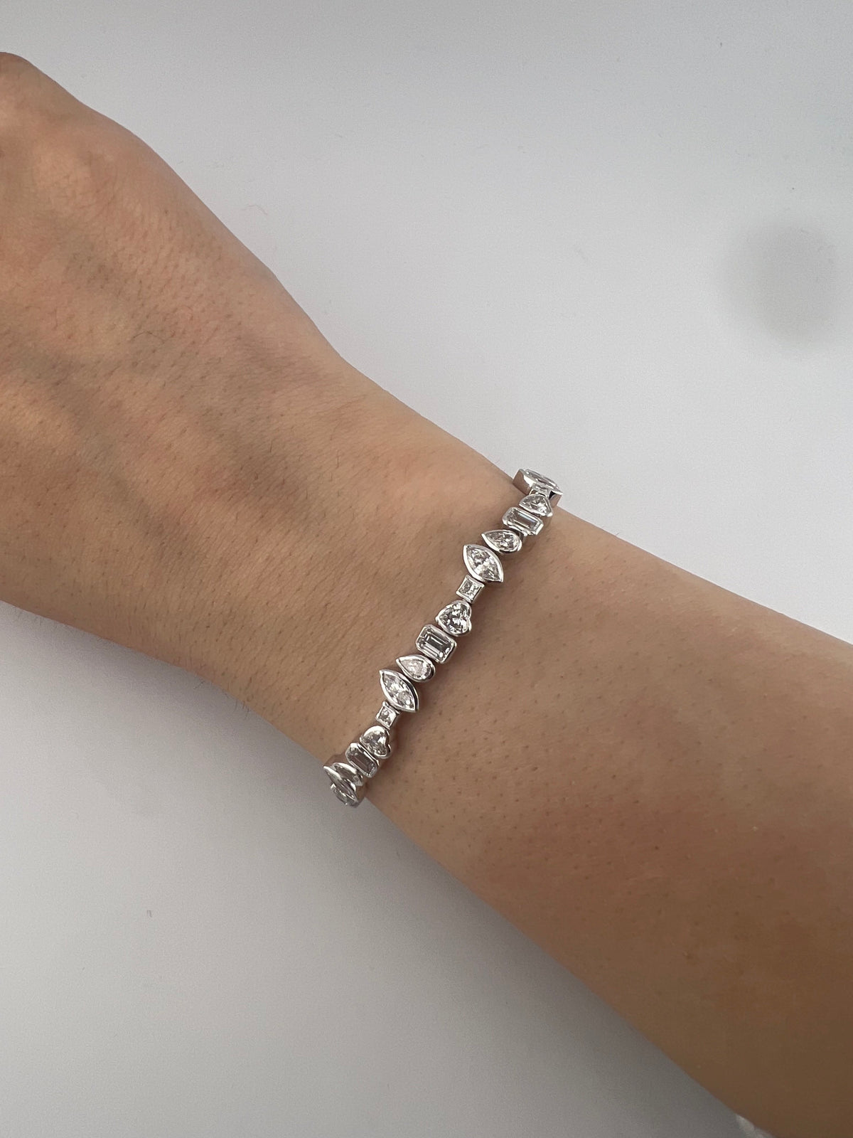 7.5 Carat Multi-Shape Bezel Tennis Bracelet, 14K White Gold, Lab Diamond - Image 4