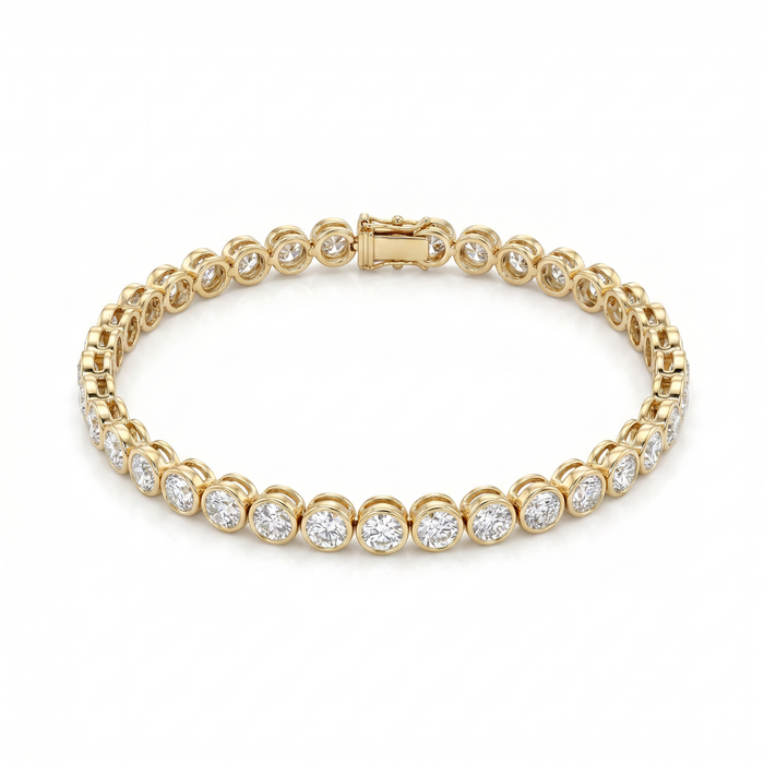3 Carat Round Bezel Tennis Bracelet, 14K Yellow Gold, Lab Diamond