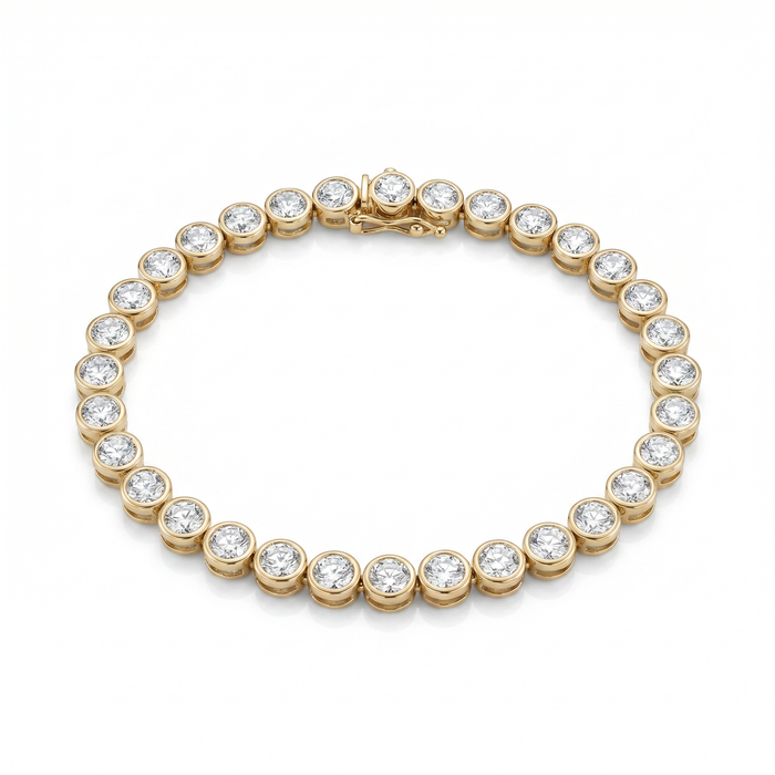 8 Carat Round Bezel Tennis Bracelet, 14K Yellow Gold, Lab Diamond