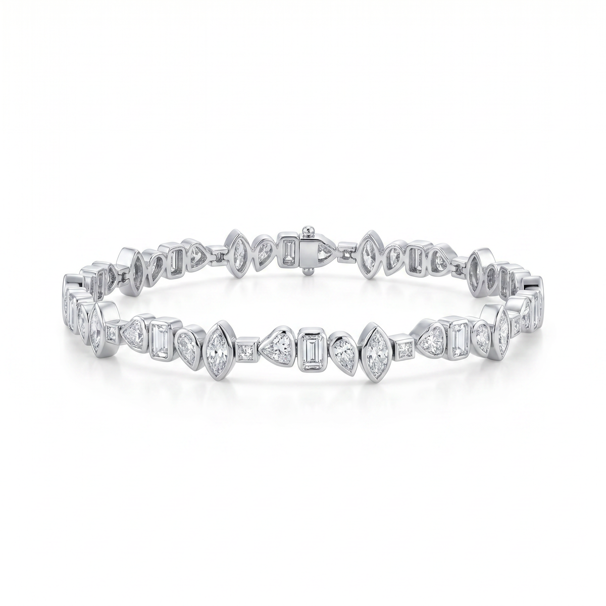 7.5 Carat Multi-Shape Bezel Tennis Bracelet, 14K White Gold, Lab Diamond - Image 1