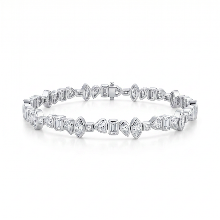 7.5 Carat Multi-Shape Bezel Tennis Bracelet, 14K White Gold, Lab Diamond
