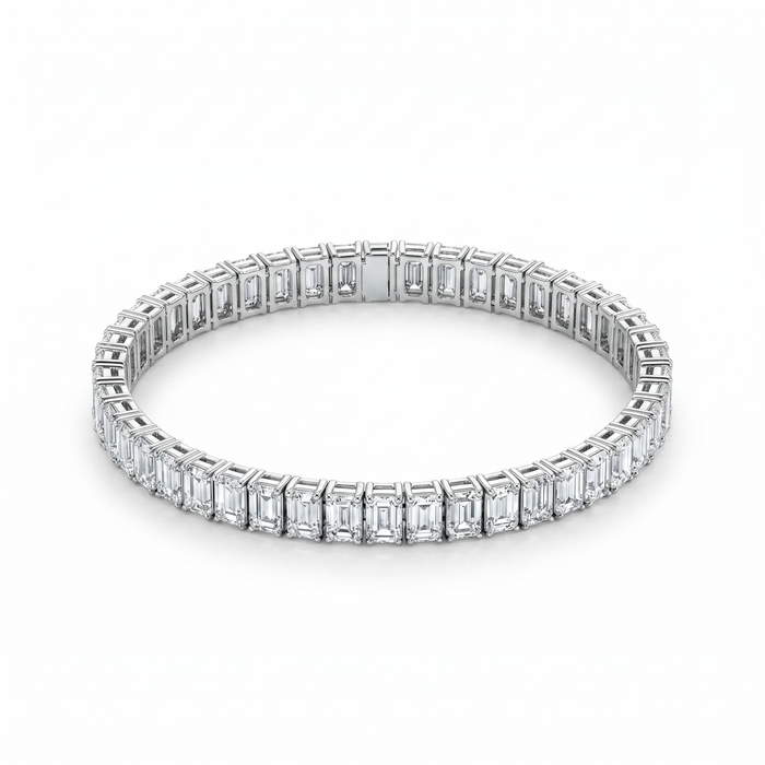 8 Carat Emerald Shape Tennis Bracelet, 14K White Gold, Lab Diamond