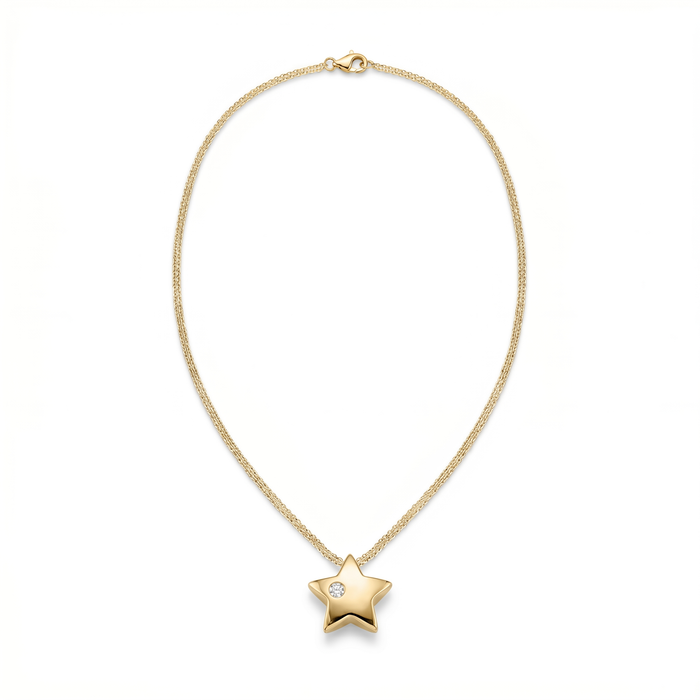 18k Solid Gold Star Pendant & Double Link Chain Necklace