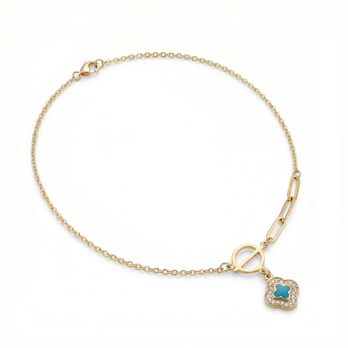 18K Solid Gold Necklace with Simulated Turquoise & Premium Cubic Zirconia - Image 1