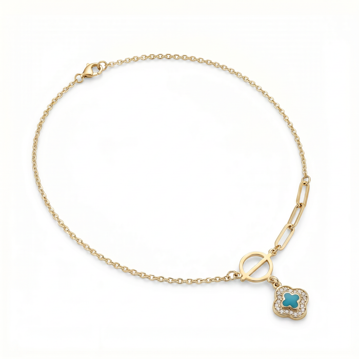 18K Solid Gold Necklace with Simulated Turquoise & Premium Cubic Zirconia
