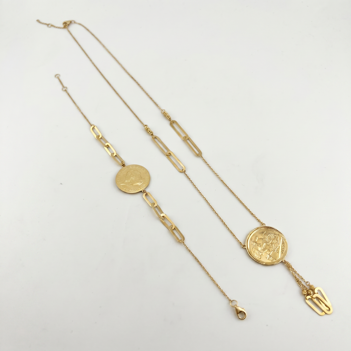 18K Solid Gold English Coin Necklace & Bracelet Set - Image 1